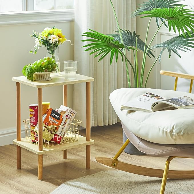 IBUYKE 2-Tier Side Table, Solid Wood Tall End Table with Storage Shelves, Nightstand Bedside Table for Living Room Bedroom Office, No-Tool Assembly, Light Natural UWST002S