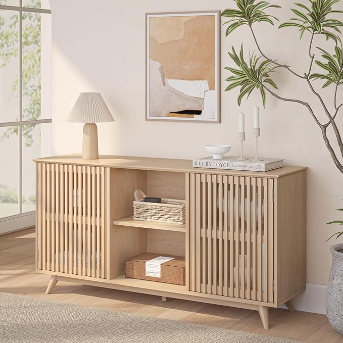 Plank+Beam Mid-Century Modern Wood TV Stand, Solid Wood Entertainment Console with Storage, 59" L x 16" W x 30" H, Blonde