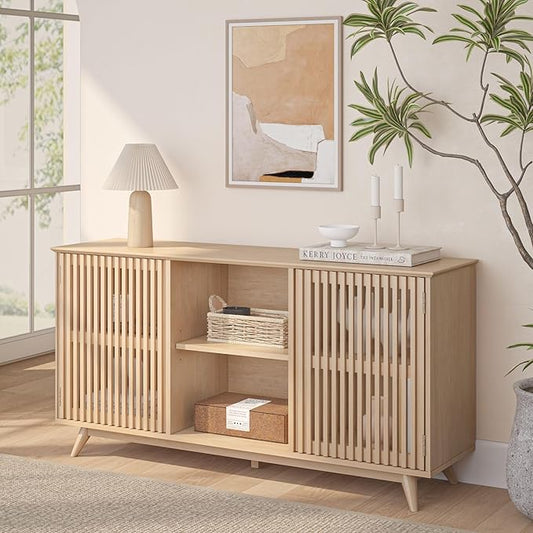 Plank+Beam Mid-Century Modern Wood TV Stand, Solid Wood Entertainment Console with Storage, 59" L x 16" W x 30" H, Blonde