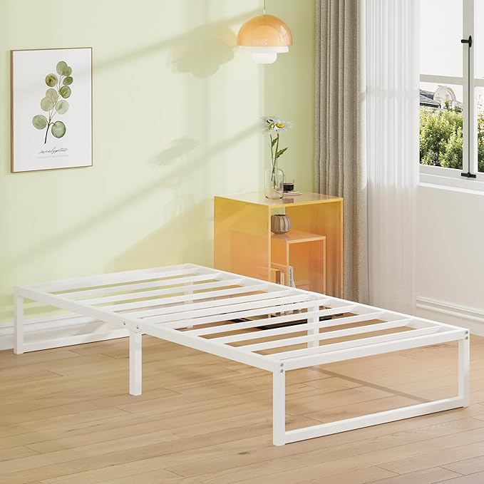 EMODA 12 Inch Twin Bed Frames, Metal Platform White Bed Frame Twin No Box Spring Needed, Heavy Duty Steel Slats Support, Easy Assembly, Noise Free