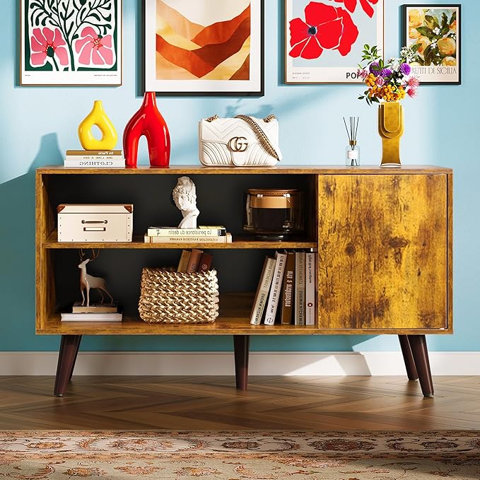 WLIVE TV Stand for 43 Inch TV, Small Entertainment Center with Storage Cabinet & Adjustable Shelves, Mid-Century Modern TV Stands for Living Room and Bedroom, 32" TV Console, Brown