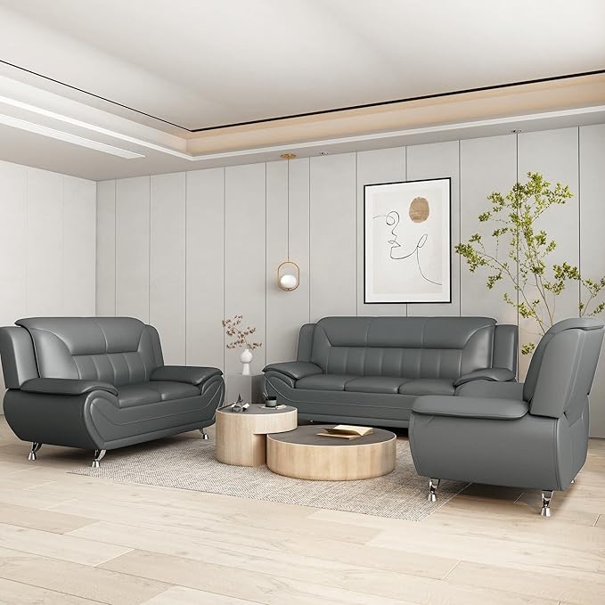 Container Furniture Direct Michael Modern Faux Leather Upholstered Stainless Steel Legs Living Room Sofa, Sleek Gray