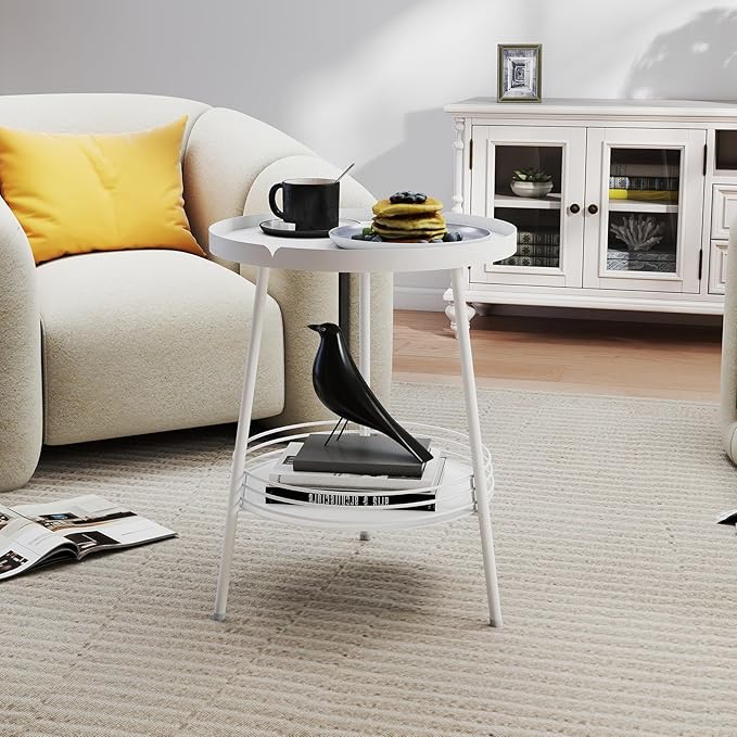 Benkyo 2 Tier White Metal Round Side Table Tiered Two Shelf Storage Coffee Sofa End Table for Living Room and Bedroom,White