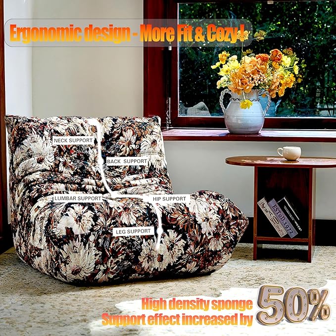 CXC Fireside Chair, Gaming Chair Floor, Large Bean Bag Chairs for Adults, Memory Sponge Lazy Sofa, Ergonomic Design Comfy Couch for Living Room丨 Bedroom丨 Office丨(Happy Flower-Brown, Linen)