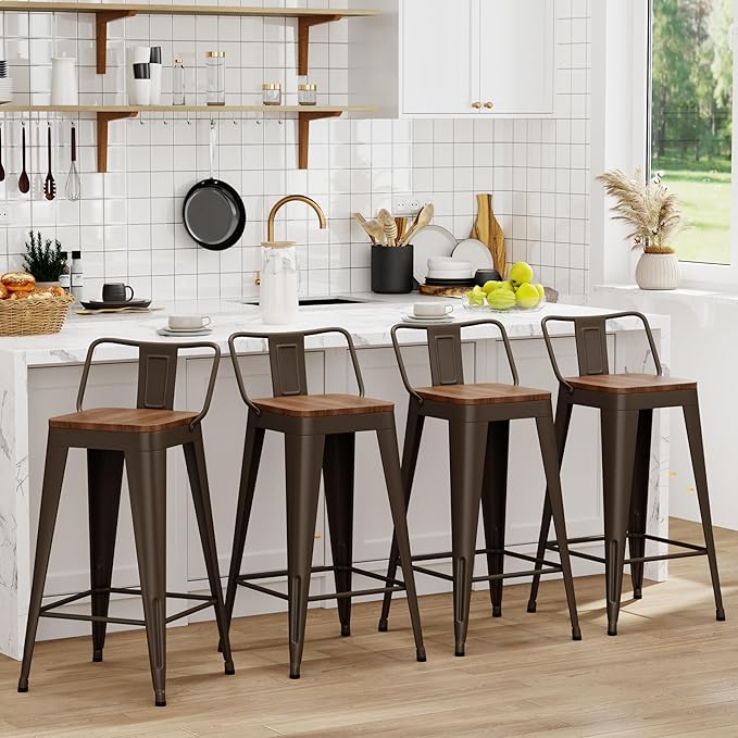 WENTMENT Industrial Rusty Bar Stools Set of 4, 24" Counter Height, Wooden Seat, Removable Back, Stackable