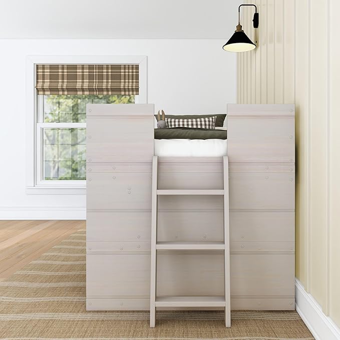Max & Lily Modern Farmhouse Twin Low Loft Bed with Bookcase - Solid Wood, 15” Guardrails, 400-lb Capacity, Low-VOC Finish, White Wash