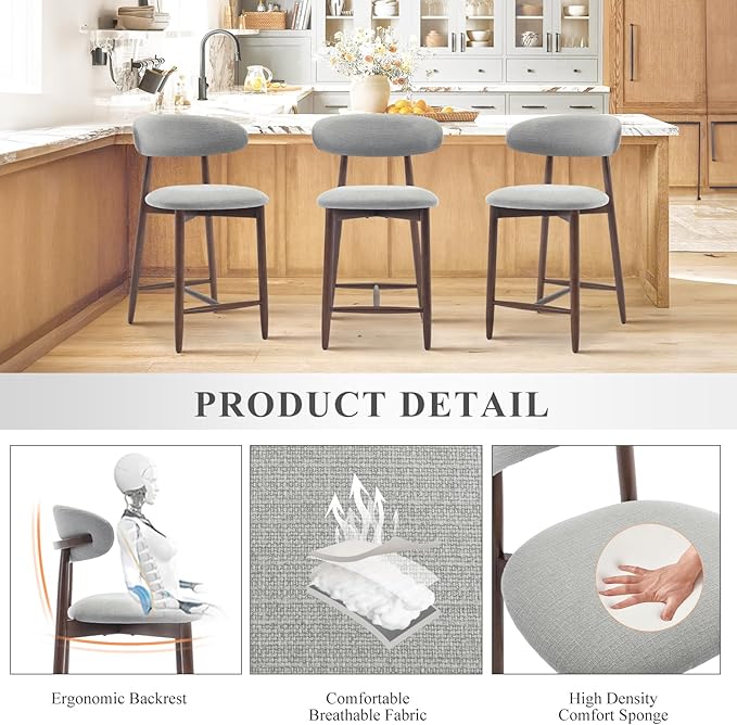 COLAMY Bar Stools Set of 6, Counter Height Bar Stools, Wood Bar Stools with Back, Upholstered Wooden Barstools for Island Dining Room Bar, Light Grey