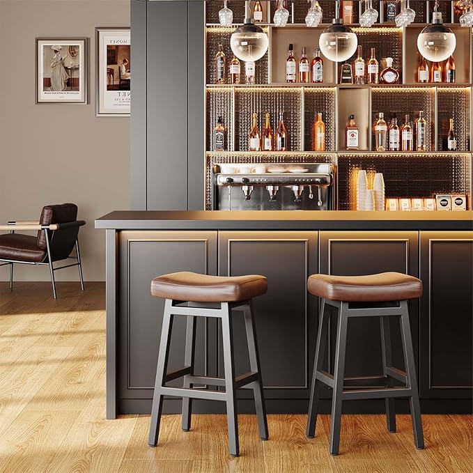 29 Inches Bar Stools Set of 2, Bar Height Barstools for Home Counter, Blackless Barstool with Bonded Leather Saddle Seats & Heavy Duty Metal Legs, Easy Assembly, All Black