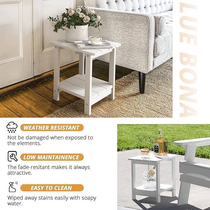 LUE BONA Adirondack Outdoor Side Table, 2-Tier White HDPS Patio End Table Weather Resistant, Morden Side Table for Patio, Pool, Porch
