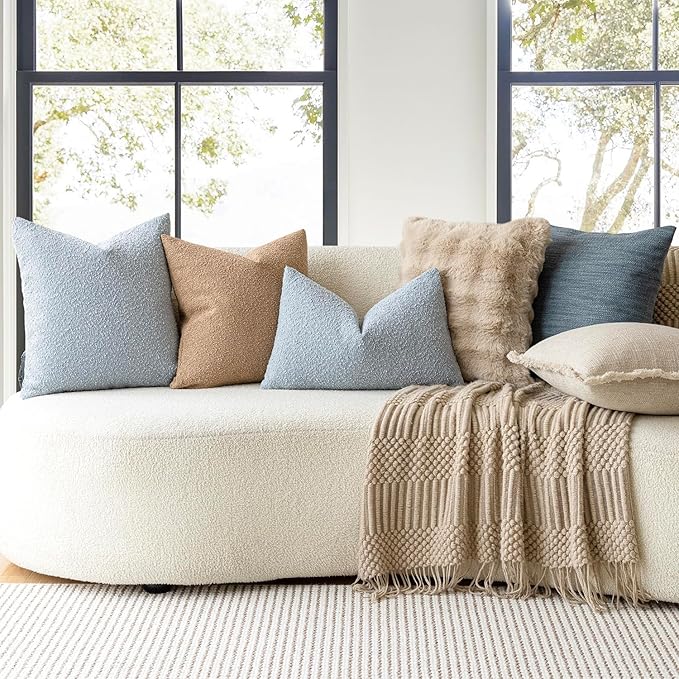 Foindtower Set of 2, Decorative Textured Boucle Throw Pillow Covers Accent Solid Pillow Cases Neutral Soft Cozy Couch Cushion Case for Chair Sofa Bedroom Living Room Home Decor 26 x 26 Inch Light Blue