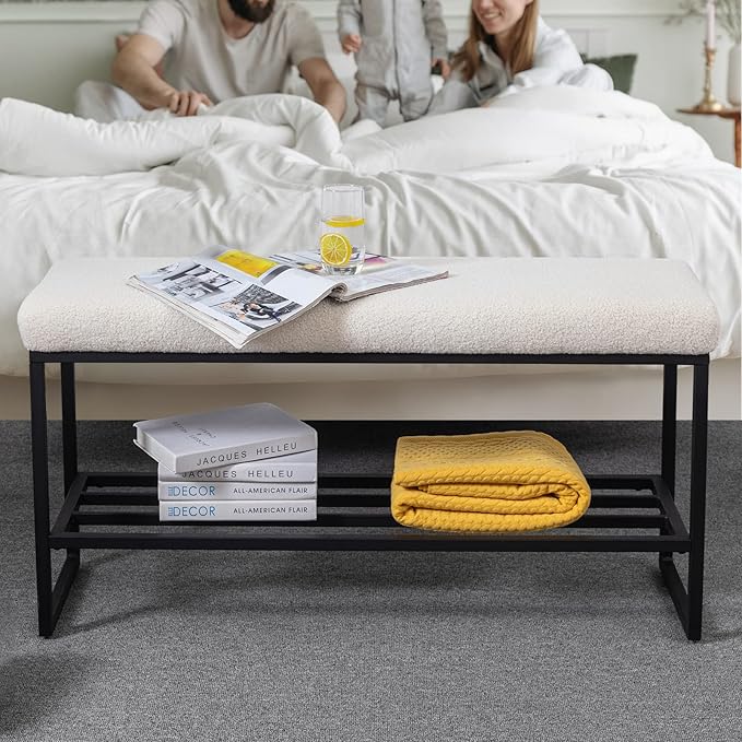Zesthouse Boucle Shoe Bench Entryway with Storage, Upholstered Bench for Bedroom End of Bed, Metal Shoe Rack for Closet Hallway Doorway Living Room Mudroom, White