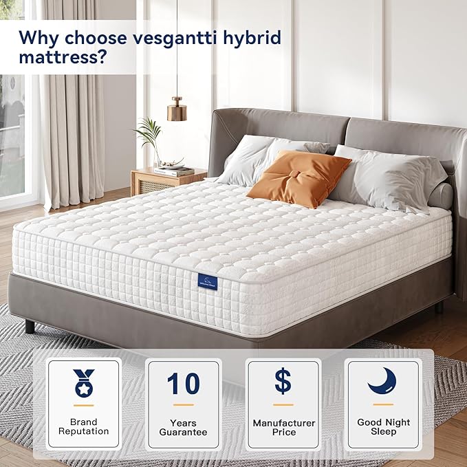 Vesgantti 8 Inch Multilayer Hybrid Twin Mattress - Multiple Sizes & Styles Available, Ergonomic Design with Memory Foam and Pocket Spring, Medium Firm Feel, White