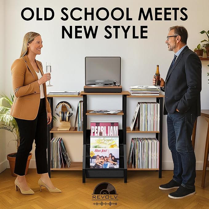 REVOLV Tall Record Player Stand with Vinyl Storage - Vinyl Record Stand with 3 Tier Shelf, Front Pouches - Versatile Music Table Cabinet for Books, Rustic Console Turntable Furniture for 300+ Records