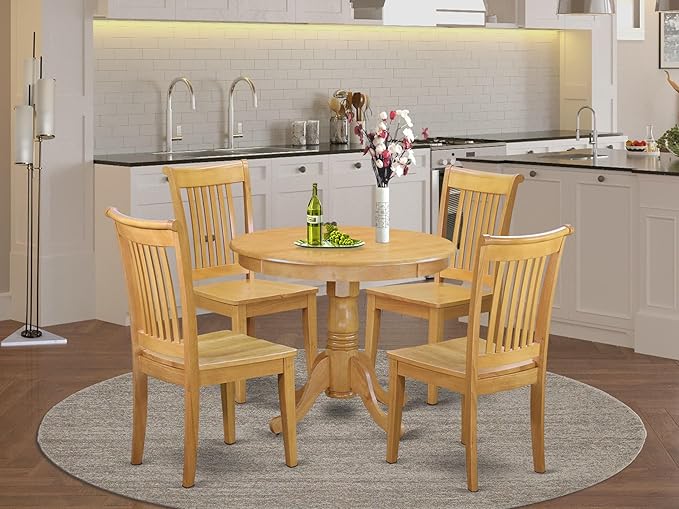 East West Furniture ANPO5-OAK-W 5 Piece Kitchen Table Set for 4 Includes a Round Dining Room Table with Pedestal and 4 Dining Chairs, 36x36 Inch, Oak