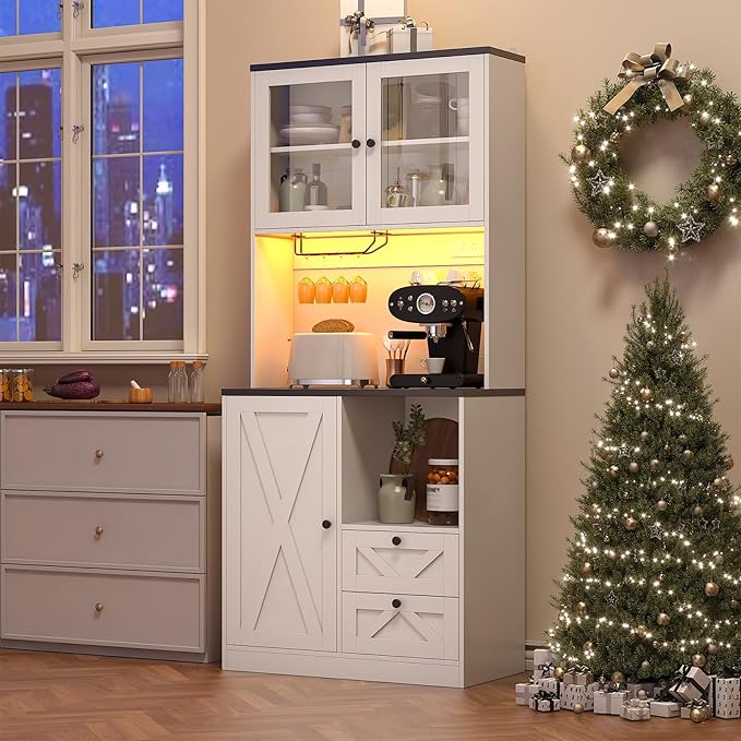 71" Tall Coffee Bar Cabinet with Storage Hutch, Farmhouse Kitchen Pantry Cabinet with LED Lights Microwave Stand and Glass Holder for Home Dining Room Kitchen,White