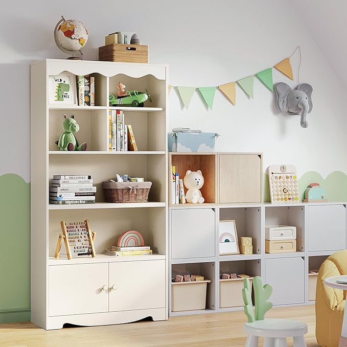 LINSY HOME 5 Shelf Bookcase Wooden, 63" Tall Bookshelf with Doors, Open Floor Standing Cube Shelf Bookcase Libreros, Beige Modern Book Shelf for Bedroom, Living Room, Home Office, White Oak