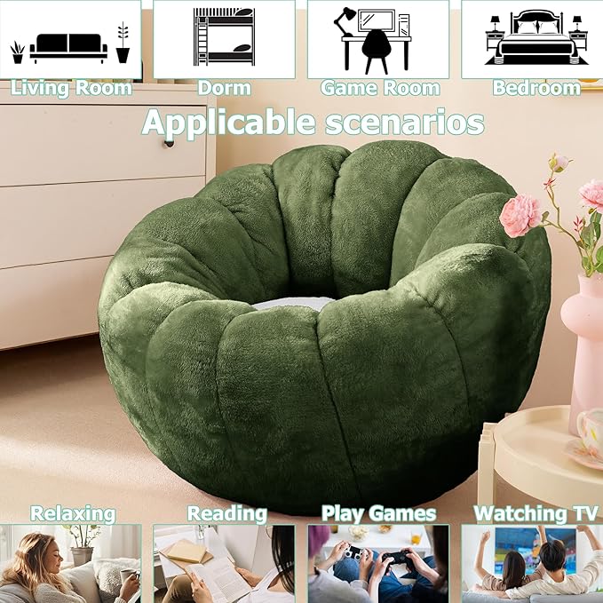 Pumpkin Bean Bag Sofa Chair for Adult, Beanbag Couch with Filler for Reading and Relaxation, Comfy and Lazy Sofa for Dorm, Apartment, Living Room and Bedroom, Dark Green