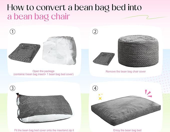 Hobestluk Bean Bag Chair Convertible Beanbag Chairs for Adults, 3 in 1 Bean Bags with Plush Chevron Cover, Adult Bean Bag Chair for Living Room, Bedroom (Pink, Twin)