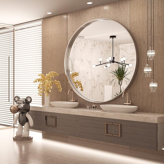 TokeShimi Round Mirror 36 Inch Brushed Silver Round Bathroom Mirror for Wall Non-Rusting Aluminum Alloy Brushed Silver Matte Metal Frame Modern Circle Mirror Fit in Minimalist Multi Style for Decor