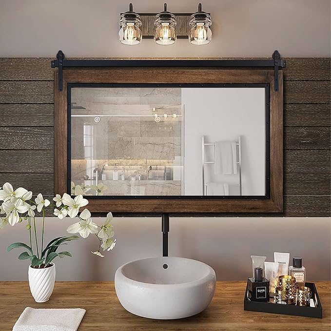 YOSHOOT Farmhouse Barn Door Mirror, 48"x30" Rustic Bathroom Mirror, Wood Frame Wall Mirror, Wooden Mirror for Living Room Bedroom Entryway Wall Décor, Horizontal Hanging ONLY