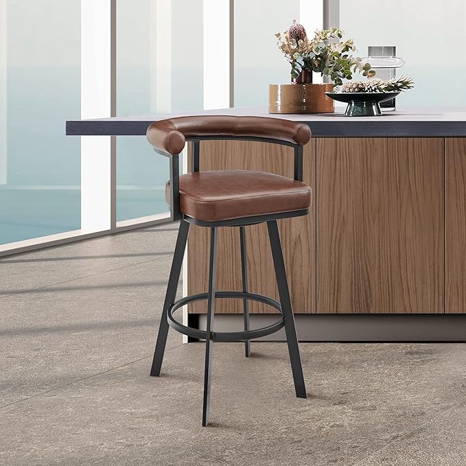 Armen Living Magnolia Swivel Bar Stool in Black Metal with Brown Faux Leather