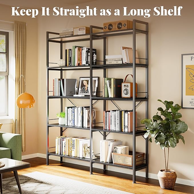 Huuger 5 Tier Bookshelf, L Shaped Corner Bookshelf with 10 Open Shelves, 49.4 Inch Straight Wide Bookcase with Metal Frame and Wooden Board, Adjustable Feet, Black