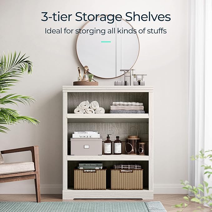 LINSY HOME 3-Tier Bookcase and Bookshelf, Small Wood Display Storage Shelves Farmhouse Bookshelf for Home Office, Living Room, Bed Room - White Oak