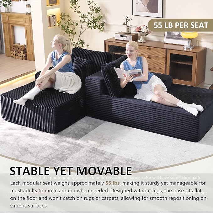 Oversized 79” Double Chaise Lounge Sofa Bed, Deep Seat Corduroy Cloud Loveseat Chair, No Assembly, Plush Upholstered Sleeper for Living Room or Bedroom (Black)
