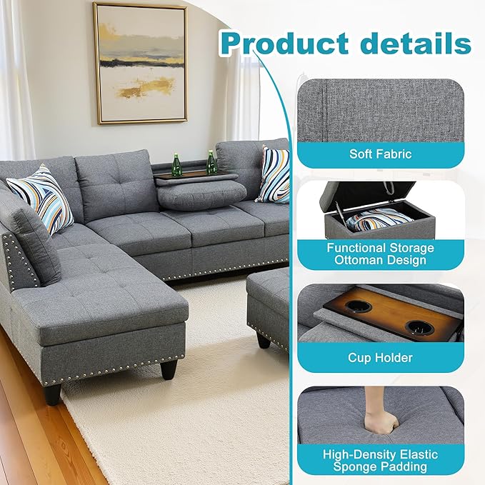 L Shaped Couch Modern Sectional Couch Upholstered Linen Fabric 3 Pieces Sofas for Living Room with Chaise, Storage Ottoman for Office and Small Apartment, Charcoal
