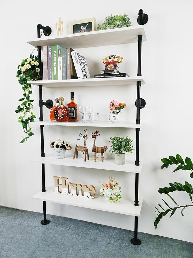 Ladder Pipe Shelves, Wall Mounted Industrial Shelves for Living Room Storage (White, 5 Tier - 10" D x 36" W x 70" H)