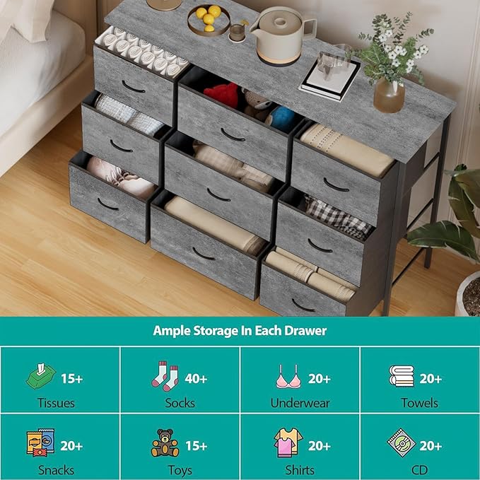 Dresser for Bedroom with 9 Deep Drawers, Wide TV Stand Modern TV Console, Fabric Storage Cabinet, Chest of Drawers for Closet, Nursery (Gray)