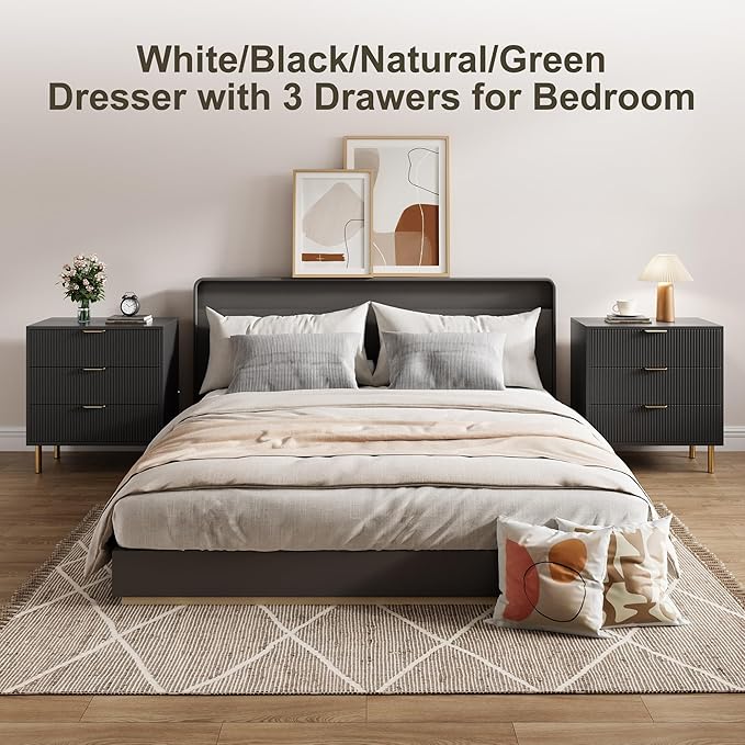 Black Dresser, Modern 3 Drawer Dresser for Bedroom with Gold Handle and Large Drawer, Wood Double Chest of Drawers and Storage Organizer for Living Room, Hallway, Entryway