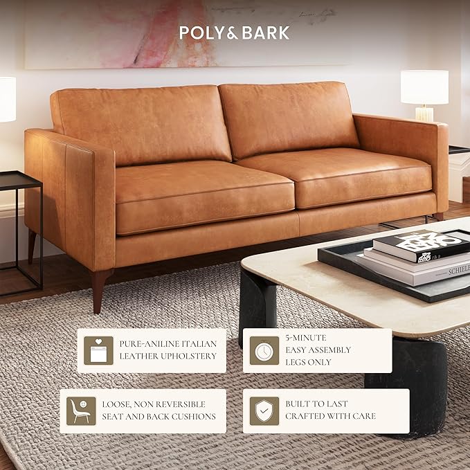 POLY & BARK Mateo Leather Sofa in Full-Grain Pure-Aniline Italian Tanned Leather in Cognac Tan
