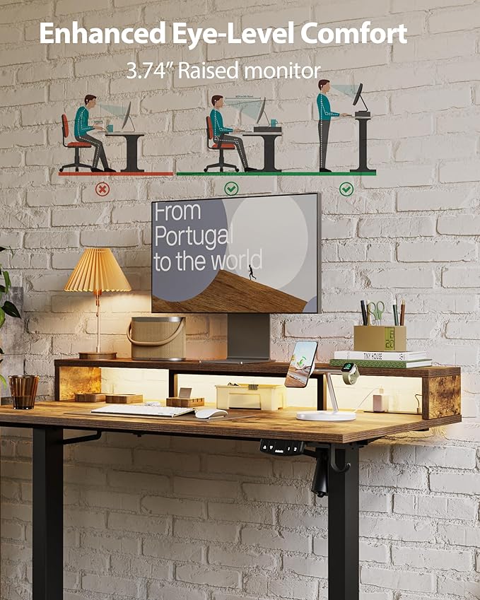 Electric Height Adjustable Standing Desk with Power Outlet and LED Light Strip, Sit to Stand, Ergonomic 48x24 Rising Desk with Memory Presets, Home Office Workstation, Computer Gaming Table, Brown