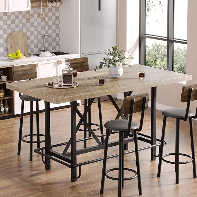 Tribesigns Bar Table, Industrial Counter Height Pub Table with Metal Footrest, 63-Inch Rectangle Wood Kitchen Dining Table with Sturdy Metal Frame for Dining Room, Home Bar (Gray)