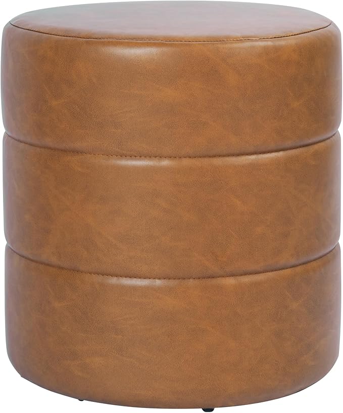 HomePop Upholstered Faux Leather Round Ottoman (No Lid, Seat Only) Home Décor | Round Pouf Foot Rest – Camel Brown Faux Leather