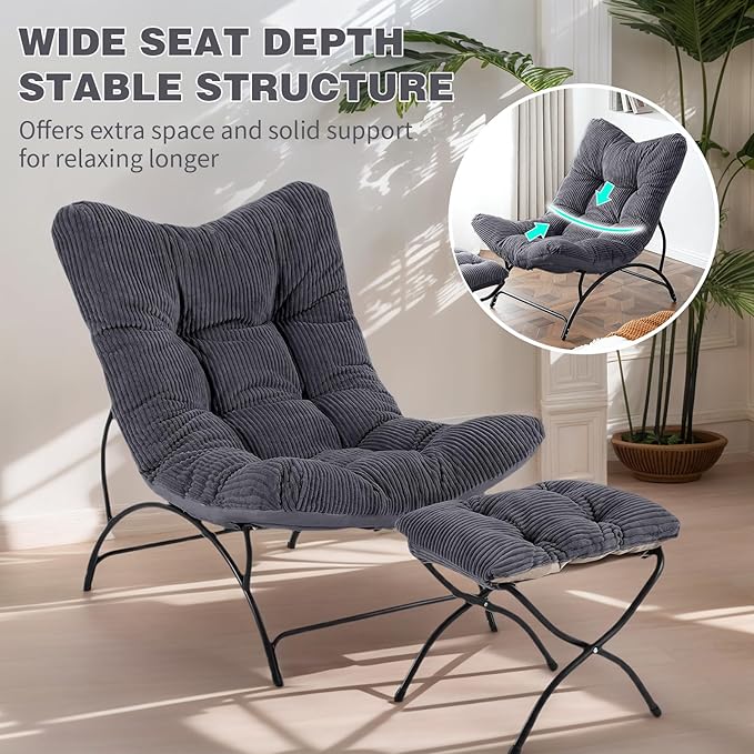 Welnow Accent Chair with Ottoman, Lounge Comfy Soft Leisure Metal Frame Reading Chair with Footrest, Upholstered Thick Cushion Seated Recliner Sofa for Living Room, Bedroom, Dorm, Dark
