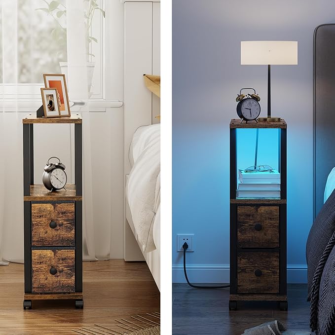 TUTOTAK Small Narrow End Tables, LED Side Tables with 2 Fabric Drawers, Set of 2, Bedside Tables with Charging Station for Small Spaces, Slim Nightstands with USB Ports and Wheels, TB01BB053CL