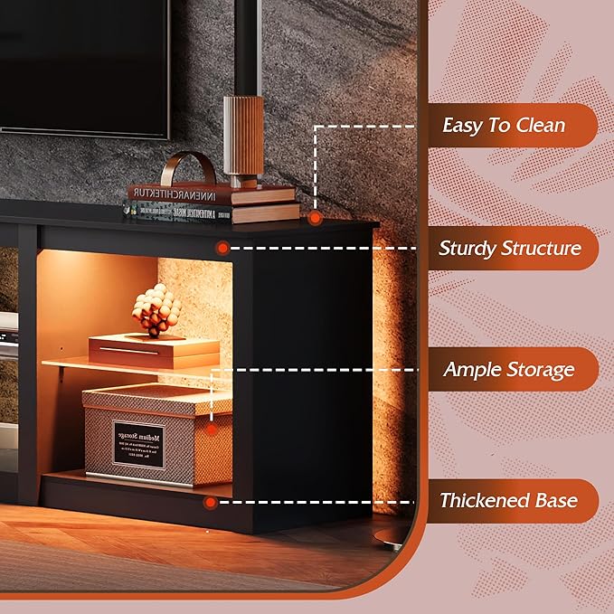 WLIVE TV Stand for 55/65/75 Inch TV, Modern Entertainment Center with LED Lights & Adjustable Glass Shelves, Sturdy Media Console for Living Room, Bedroom,Gaming (Black)