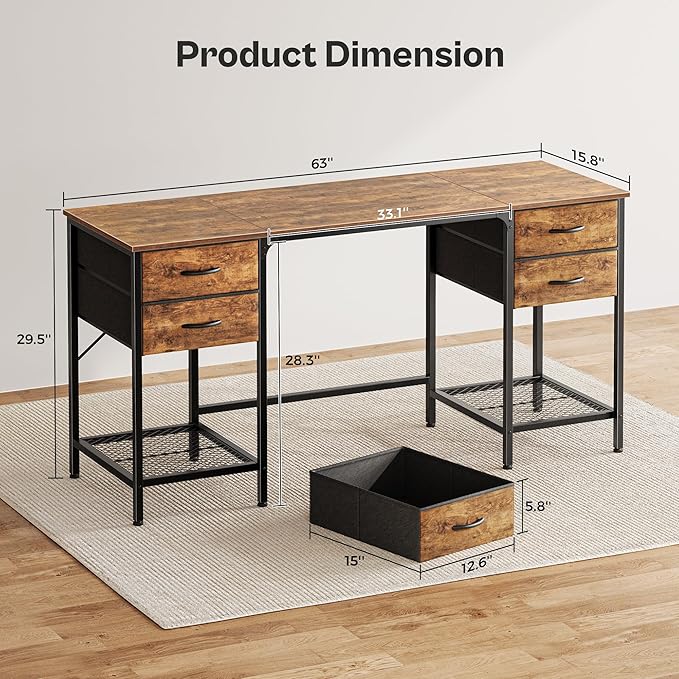 Huuger 63 Inch Computer Desk with 4 Drawers and Mesh Shelf, Gaming and Work Desk for Home Office, Study, Bedroom, Work from Home, Rustic Brown