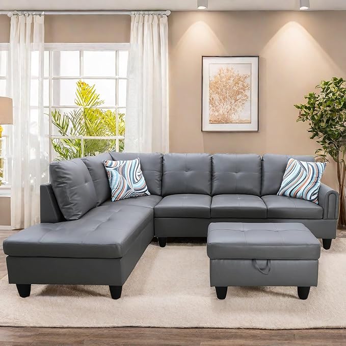 L Shaped Sectional Couches, Leather Couch Modular Sectional Sofa with Ottoman Storage, Modern L Shaped Couch with Chaise for Living Room Bedroom Apartment Furniture, Gray