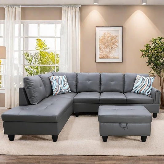 L Shaped Sectional Couches, Leather Couch Modular Sectional Sofa with Ottoman Storage, Modern L Shaped Couch with Chaise for Living Room Bedroom Apartment Furniture, Gray