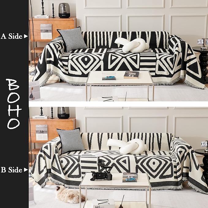 HANDONTIME Boho Sofa Covers for Dogs Black Couch Sofa Covers for 3 Cushion Couch Sofa Beige Chenille Sofa Slipcover Washable Sectional l Shaped Covers Pets Protector Furniture Covers, 91" X150"