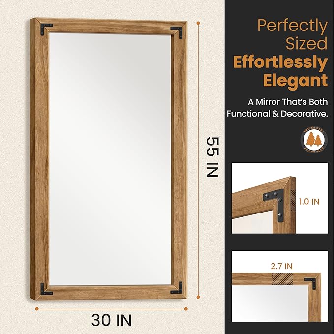 Full Length Mirror with Wooden Frame, 55"X30" Solid Wood Standing Floor Mirror for Farmhouse, Bathroom, Bedroom Decor, Hanging or Leaning Wall-Mounted