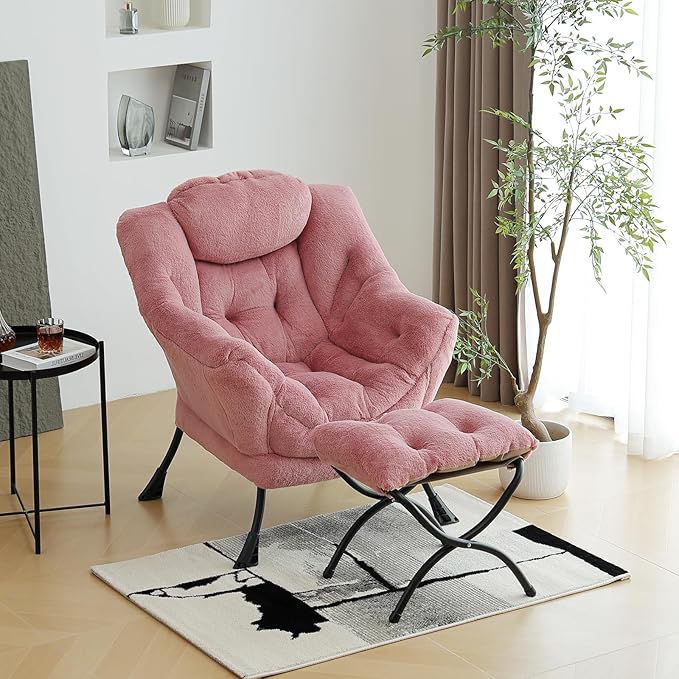 Lazy Chair with Ottoman, Modern Chair with Folding Footrest, Lounge Accent Chair, Comfortable Reading Chair (Plush Dark Pink)