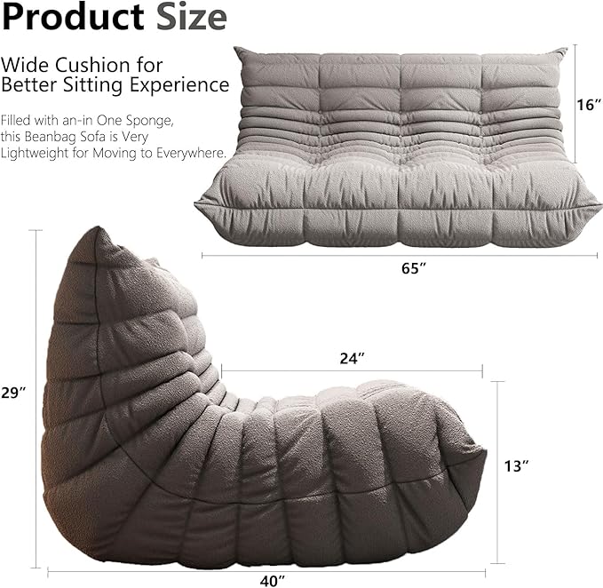 Bean Bag Chairs for Adults, BeanBag Reading Chair Memory Foam Couch 3-Seater, Floor Chair Soft Teddy Material, Comfy Reading Nook Chairs for Bedroom Living Room Office (Grey)