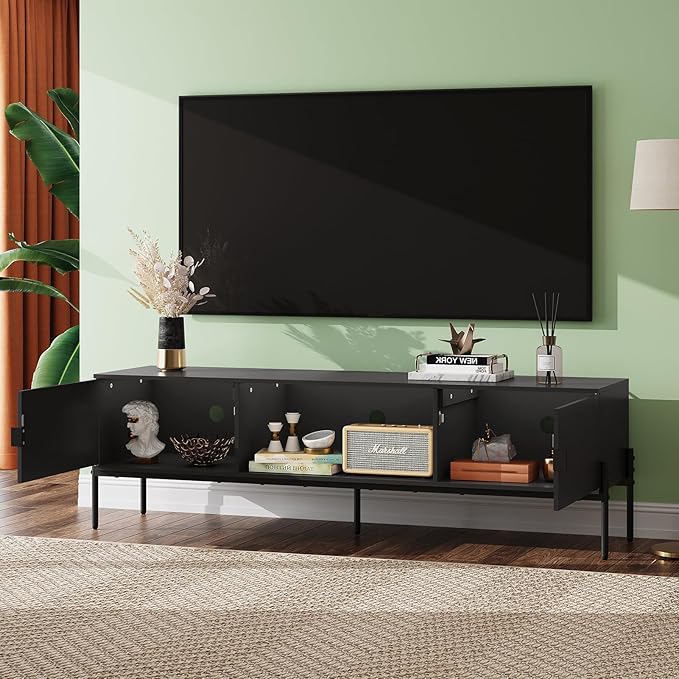 WLIVE Modern TV Stand for 65 Inch TV, Mid Century Entainment Center with Storage, TV Console with Open Shelf and 2 Cabinets for Bedroom and Living Room, TV Cabinet with Metal Legs, Black