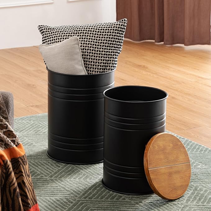 Glitzhome Farmhouse Accent Side Table, Metal Storage Stool Ottoman with Round Lid - Galvanized Coffee Cocktail End Tables Set of 2 for Living Room Bedroom, Black
