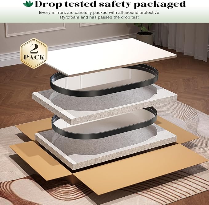2 Pack Black Oval Mirrors, 20" x 33" Double Modern Mirror for Living Room, Black Frame Mirror for Over Sink Bedroom Fireplace Entryway Hang Vertical and Horizontal