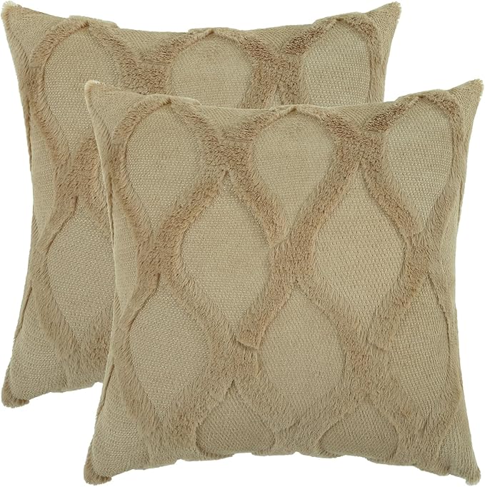 decorUhome Throw Pillow Covers 18x18 Inch Set of 2, Soft Plush Faux Fur Wool Khaki Couch Pillow Covers, Decorative Neutral Pillow Cases for Bed Sofa Living Room Home Decor